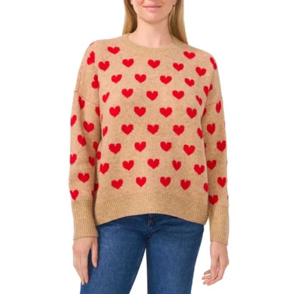 Vince Camuto Tan Sweater with Red Hearts NWOT